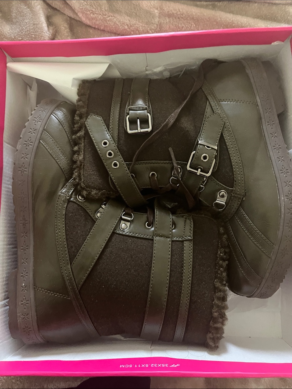 ShoeDazzle Olive Green Faux-Fur Combat Boots